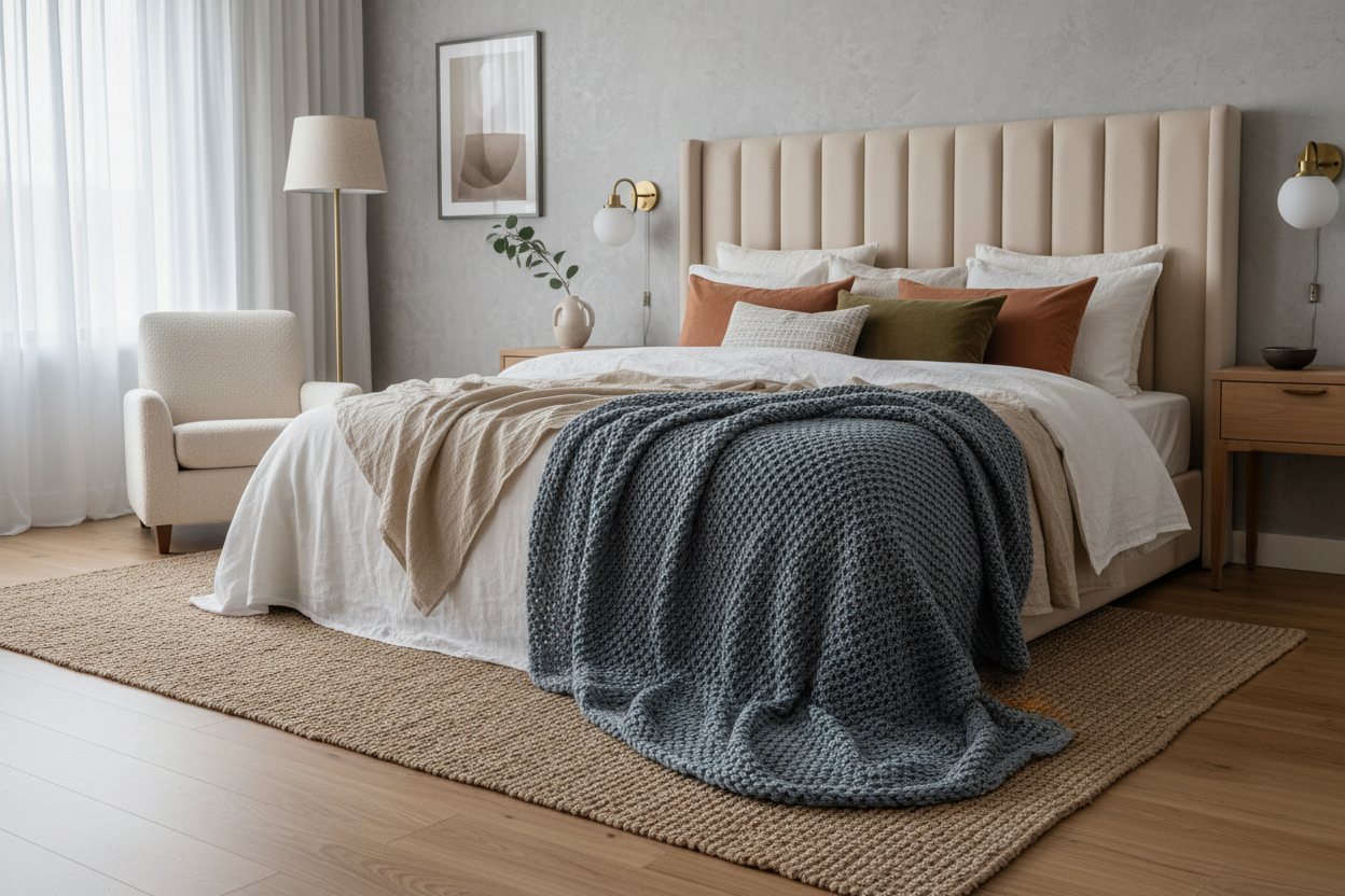 Zona notte accogliente: testiere imbottite, plaid decorativi e accessori morbidi per il letto