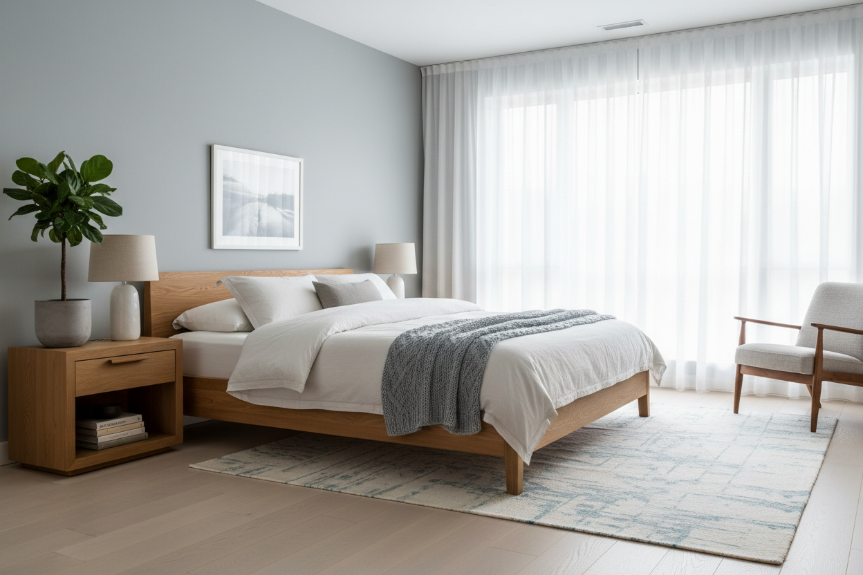 Stile nordico in camera: arredo in legno, colori freddi, luce naturale e semplicità